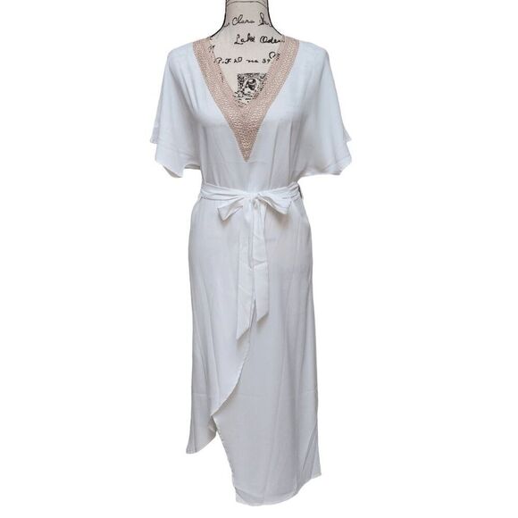 🤍 NWT Elegant Crochet Detail Waist Tie White Midi Dress with Belt SIZE M - Picture 1 of 16